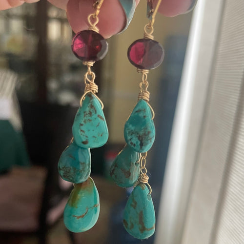 Natural Turquoise and Garnet Cascade Earrings, OOAK
