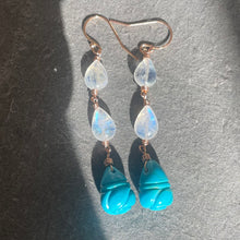 Load image into Gallery viewer, Carved Turquoise Hive and Moonstone Earrings, Rose Gold, OOAK