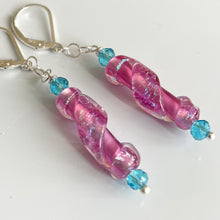 Load image into Gallery viewer, Dichroic Pink Murano Glass Dangle Earrings, Opal and Quartz, Metal options