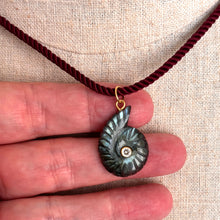 Load image into Gallery viewer, Labradorite and Cubic Zirconia carved Ammonite Necklace, Plummy Cord