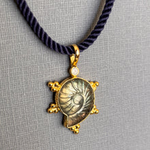 Load image into Gallery viewer, Labradorite carved Ammonite Necklace, Bubble Bezel, Navy Cord