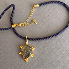 Load image into Gallery viewer, Labradorite carved Ammonite Necklace, Bubble Bezel, Navy Cord