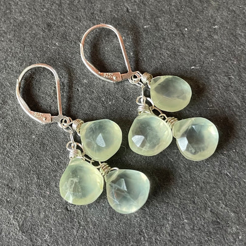 Prehnite trio cascade earrings, leverback, OOAK