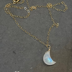 Rainbow Moonstone Carved Moon Necklace