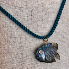 Load image into Gallery viewer, Go Fish! Labradorite and Cubic Zirconia Carved Fish Necklace, Teal Cord