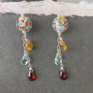 Sterling Version Klimt-ish Murano Glass and Gemstone Dangle Earrings