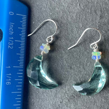 Load image into Gallery viewer, Aqua Blue Quartz and Opal Crescent Moon Earrings, metal and earwire options