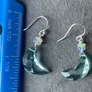 Aqua Blue Quartz and Opal Crescent Moon Earrings, metal and earwire options