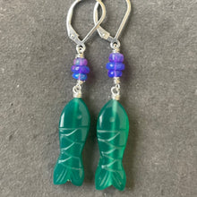 Load image into Gallery viewer, Carved Green Onyx and Opal Fish earrings