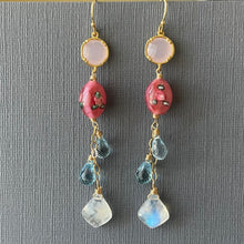 Load image into Gallery viewer, Moroccan Cut Moonstone, Vintage Glass, and Blue Topaz Long Dangles, OOAK