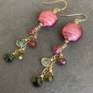 Pink Sands OOAK Murano Glass and Tourmaline Dangle Earrings