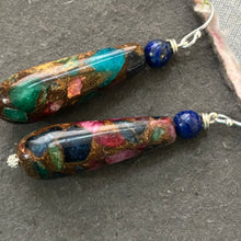 Load image into Gallery viewer, Ruby, Sapphire and Emerald Inlay Earrings- #6 OOAK