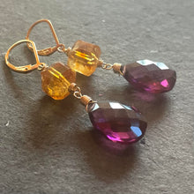 Load image into Gallery viewer, Natural Citrine and Plum Quartz Dangles