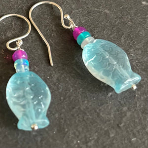 Aqua Blue Fish and Opal Earrings