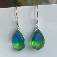 Load image into Gallery viewer, Sparkling Paraiba to Emerald PEAR cut Doublet Dangles, metal and earwire options available, Vibrant