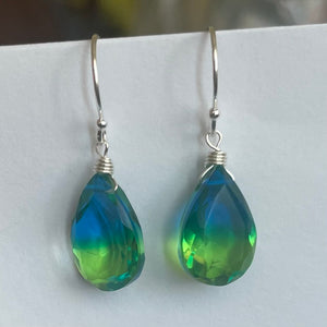 Sparkling Paraiba to Emerald PEAR cut Doublet Dangles, metal and earwire options available, Vibrant