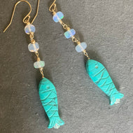 Carved Turquoise and Opal Fish earrings