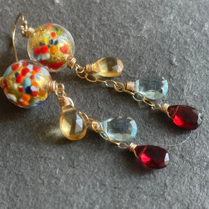 Klimt-ish Murano Glass and Gemstone Dangle Earrings