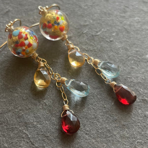 Klimt-ish Murano Glass and Gemstone Dangle Earrings