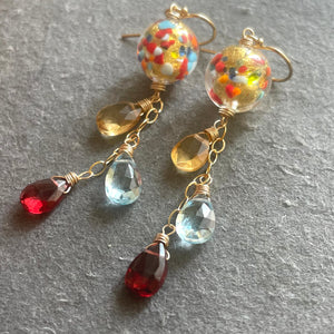 Klimt-ish Murano Glass and Gemstone Dangle Earrings