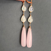 Load image into Gallery viewer, Rose Quartz and Rainbow Moonstone Dangle Earrings, Rose Gold, OOAK