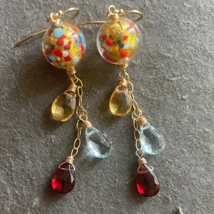 Klimt-ish Murano Glass and Gemstone Dangle Earrings