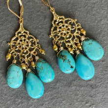 Load image into Gallery viewer, Turquoise filigree Chandelier Earrings