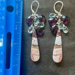 Aquamarine and Pink Jasper Waterfall Earrings, OOAK