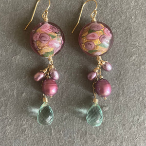 Sweet Roses Murano Glass and Pearl Dangle Earrings