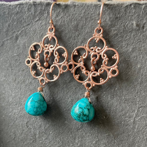 Natural Turquoise Countryside Chandelier ,Rose Gold, OOAK