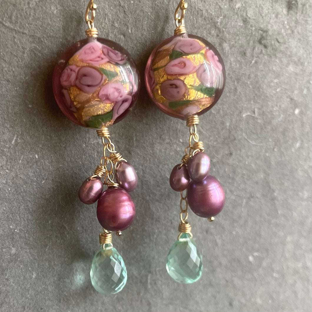 Sweet Roses Murano Glass and Pearl Dangle Earrings