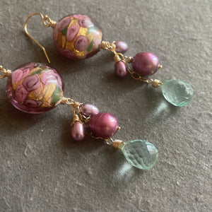 Sweet Roses Murano Glass and Pearl Dangle Earrings