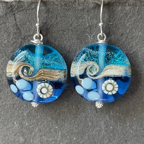 Sparkling Lampwork Blue Glass Ocean Surf Earrings