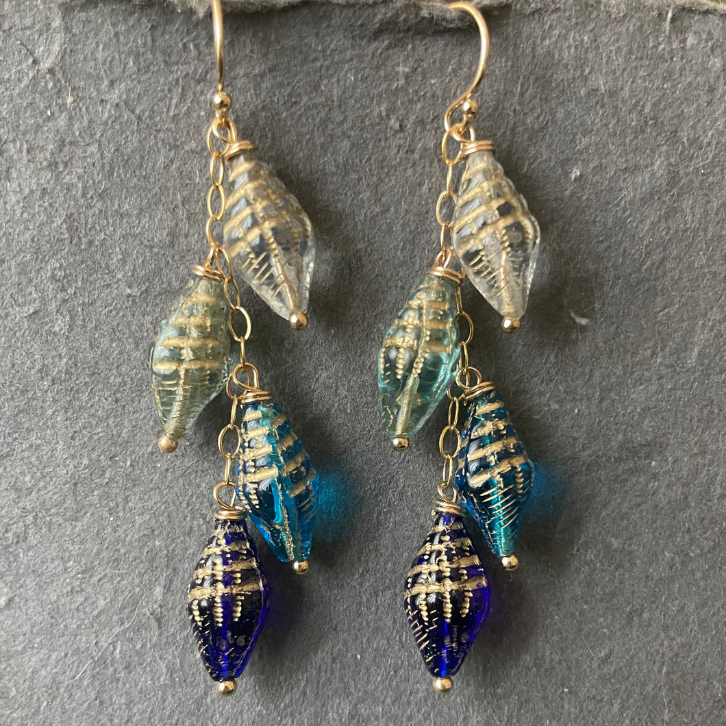 Conch Four Shell Earrings, Czech Glass