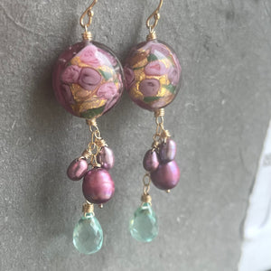 Sweet Roses Murano Glass and Pearl Dangle Earrings