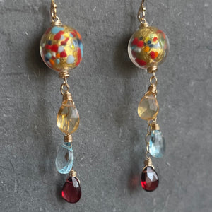 Klimt-ish Murano Glass and Gemstone Dangle Earrings