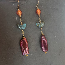 Load image into Gallery viewer, Murano Glass, Butterfly Labradorite, and Biwa Plum Pearl Earrings OOAK