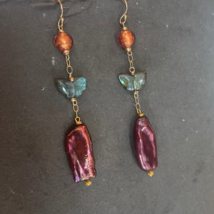 Murano Glass, Butterfly Labradorite, and Biwa Plum Pearl Earrings OOAK