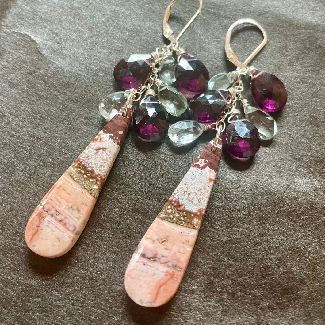 Aquamarine and Pink Jasper Waterfall Earrings, OOAK