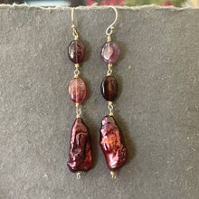 Load image into Gallery viewer, Tourmaline and Biwa Plum Pearl Stack Earrings, OOAK