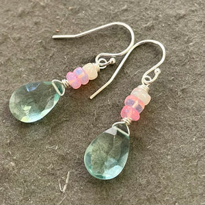 Opal and Aquamarine Blue Quartz Cluster Earrings