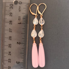 Load image into Gallery viewer, Rose Quartz and Rainbow Moonstone Dangle Earrings, Rose Gold, OOAK