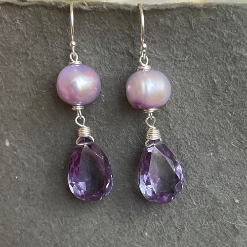 Pearl and Alexandrite Quartz Color Change Pear Earrings