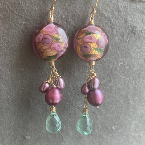 Sweet Roses Murano Glass and Pearl Dangle Earrings