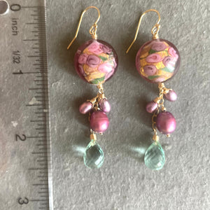 Sweet Roses Murano Glass and Pearl Dangle Earrings