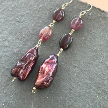 Load image into Gallery viewer, Tourmaline and Biwa Plum Pearl Stack Earrings, OOAK