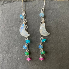 Load image into Gallery viewer, Rainbow Moonstone Moon and Opal Dangle Earrings