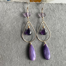 Load image into Gallery viewer, Charoite And Amethyst Chandelier Earrings, Gold