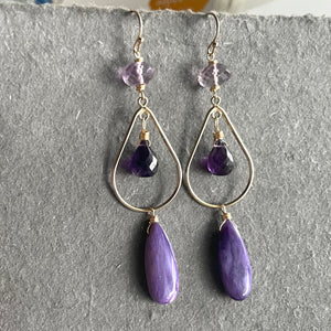 Charoite And Amethyst Chandelier Earrings, Gold