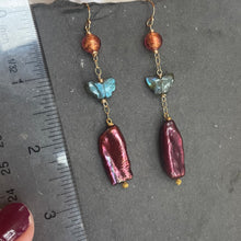 Load image into Gallery viewer, Murano Glass, Butterfly Labradorite, and Biwa Plum Pearl Earrings OOAK